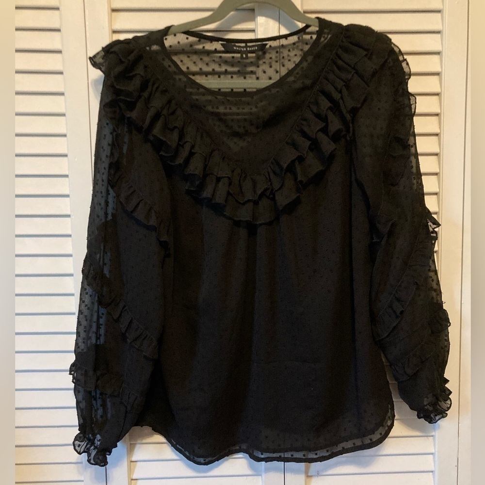 Walter Baker Black Ruffle Sheer Swiss Dot Blouse Size Small